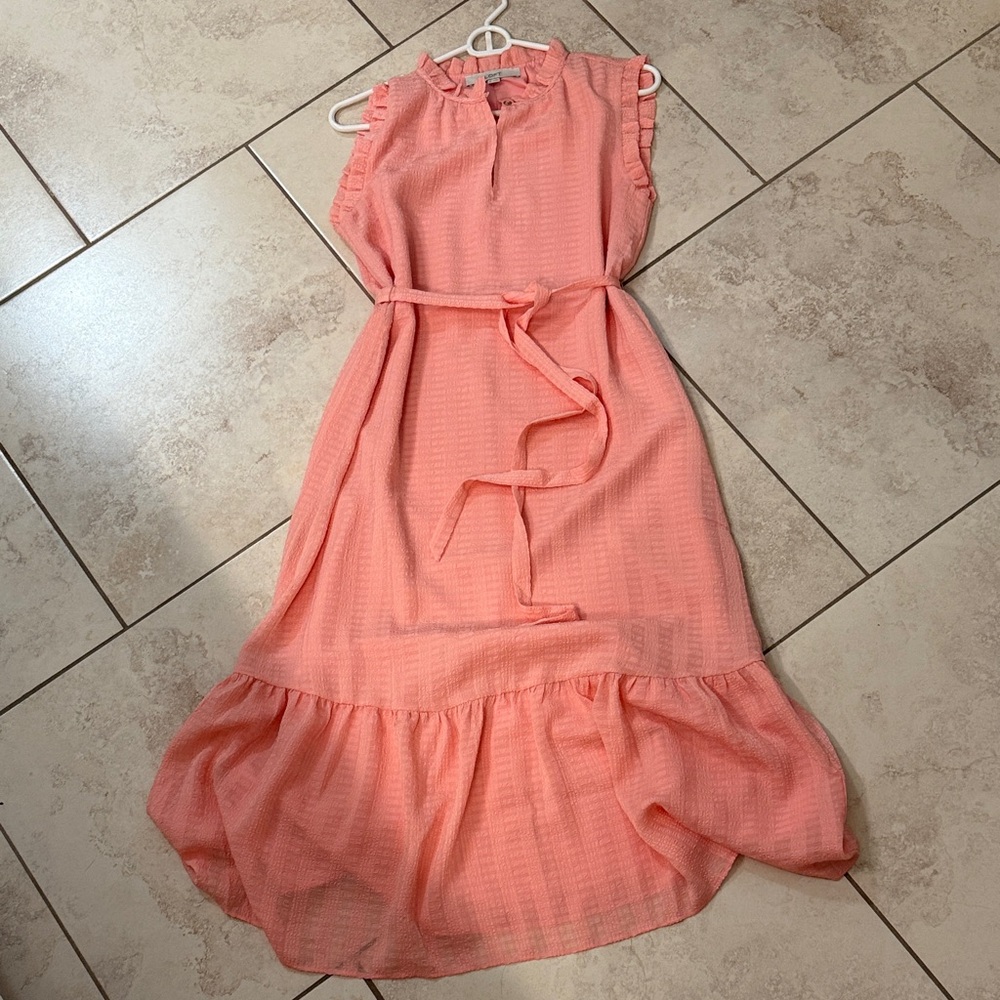 LOFT Coral High Low Dress with Ruffle Hem